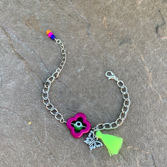 Howlite purple clover evil eye link chain bracelet - Picture 2 of 4